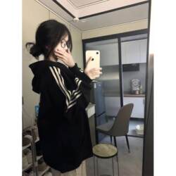 American-Style National Trend Brand Three-Stripe Hooded Sweatshirt for Women, Fleece-Lined, Thickened, Loose-Fitting, Casual Zip-Up Cardigan Jacket