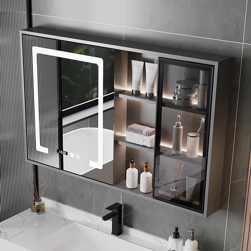 Tủ gương phòng tắm thông minh gỗ chắc chắn Gương phòng tắm treo tường riêng biệt có đèn khử sương bảo quản hộp gương gương trang điểm