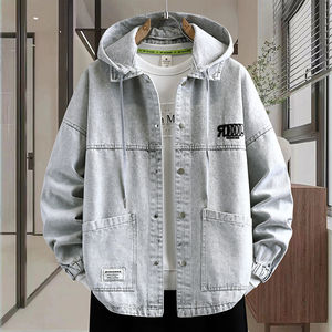 
Denim jacket men's trendy brand fake two-piece junior high school student hooded niche jacket 2026 spring and autumn American style tops