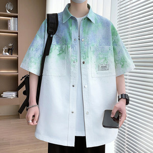 
Tie-Dye Gradient Color Pure Cotton Denim Shirt Men's Short Sleeve Summer 2025 New Teen Casual Shirt Jacket