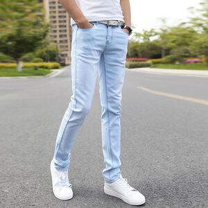 Light colored jeans men's Korean style trendy men's small leg pants elastic slim fit pants youth summer polished white light blue pants