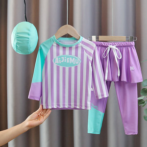 
Girls long-sleeved trousers sun protection swimsuit striped short skirt split swimsuit summer new style seaside vacation surfsuit