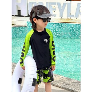 
Boys long-sleeved shorts split swimsuit set for children two-piece set for medium-sized children's hot spring fluorescent green dinosaur swimsuit