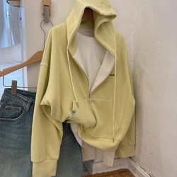 Pure Cotton Zip-Up Hooded Sweatshirt Jacket for Women, Spring and Autumn 2026 New Thin Loose Fleece Cardigan Hoodie for Autumn and Winter