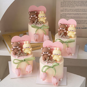 
Chinese Valentine's Day cake decoration soft rubber bear rabbit wooden love tulip bud love baking decoration plug-in