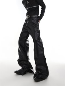 Culture niche deconstructing pleated micro -flared leather pants slit design Sensory leisure pants slim high -end trousers man