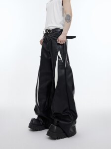 
ArguE heavy industry niche deconstructed leather pants metal button design wide leg pants line segmented casual pants for men