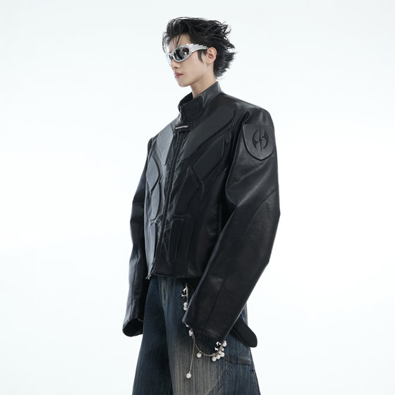 
ArguE CultureE Niche Three-dimensional Relief Deconstruction Stand-collar silhouette jacket Locomotive helmet leather jacket men