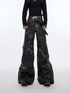 Culture niche deconstruct retro, old rubbing micro -flared leather pants, heavy segmentation design sense casual pants men