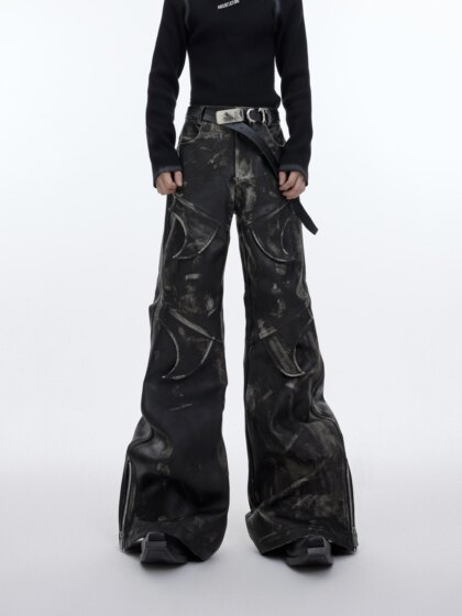 Culture niche deconstruct retro, old rubbing micro -flared leather pants, heavy segmentation design sense casual pants men