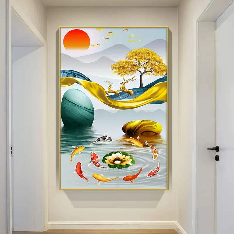 入户玄关装饰画现代简约走廊过道挂画客厅正对入户门九鱼图壁画-Taobao