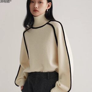 
2023 autumn and winter half-high collar three-dimensional striped slim casual loose pullover knit sweater lazy style sweater