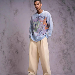 
Chen Mingxing's same crayon style jacquard graffiti design autumn and winter sweater cardigan men's and women's same style coat knitted sweater