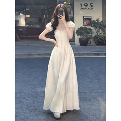 French-Style High-End White Short-Sleeved Dress for Women, Summer 2026 New Model, Elegant, Slimming, Waist-Cinching A-Line Long Dress