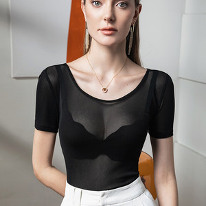 
Transparent mesh T-shirt for women short-sleeved summer women's black tulle slim hot girl top round neck sexy base shirt