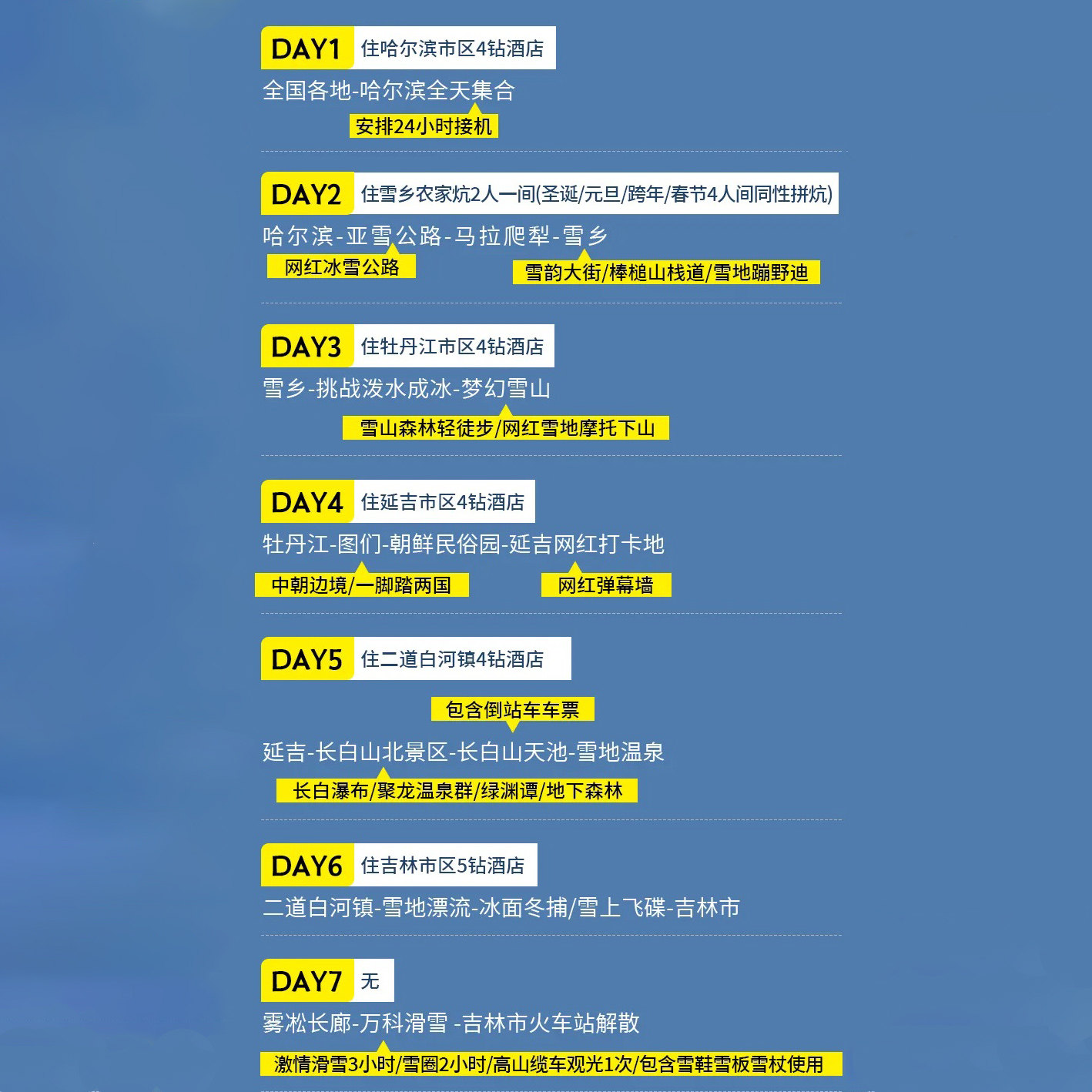 2-8人哈尔滨+吉林纯玩7日/长白山-延吉-雪乡-漂流-冬捕-雪圈-滑雪