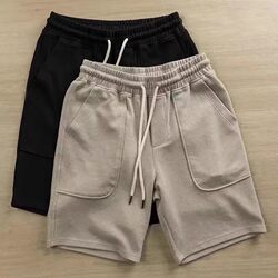 Men's Knitted Cotton Sports Shorts, American Casual, Japanese Retro, Drawstring, Loose Fit, Knee-Length Shorts, Trendy