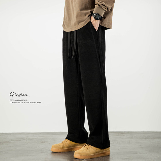 
Corduroy straight casual pants for men, trendy brand, loose, sporty, drapey, elastic waist, long pants, plus velvet, thickened, autumn and winter style
