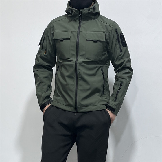 
Spring and Autumn Men's Outdoor Fleece Warm Jacket Windproof and Waterproof Jacket Black Hooded Elastic Slim and Handsome