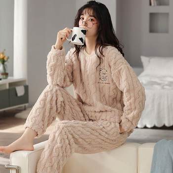 
Flannel pajamas for women winter thickened plus velvet Korean style sweet and cute autumn and winter coral velvet long-sleeved home wear set
