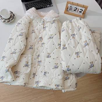 
Pajamas for women, winter three-layer quilted jacket, autumn and winter, thickened and velvet, warm in winter, can be worn outside, home clothes two-piece set