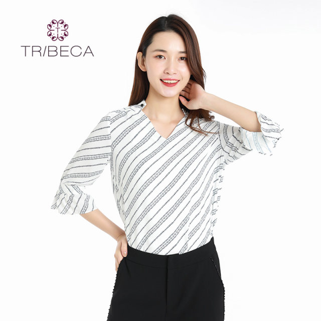 TRIBECA Tribeca Shopping Mall same style for women's fashionable striped V-neck horn trunk quarter-sleeved shirt