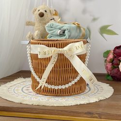 Hand-Held Flower Basket, Pearl Chain, Antique Decorative Gift Basket, Wedding Accompaniment Gift Box, Rattan Gift Box, Wicker Cylinder Basket