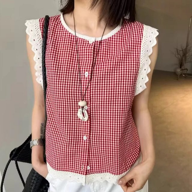 
European lace lace plaid cotton linen shirt for women 2025 summer new design sleeveless doll shirt vest trend