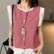 
European lace lace plaid cotton linen shirt for women 2025 summer new design sleeveless doll shirt vest trend