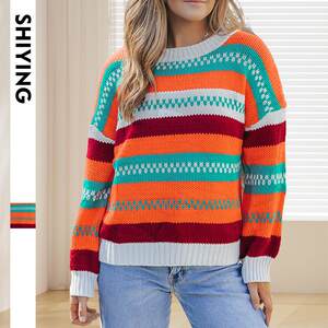 
European and American versatile retro pullover casual cross-border new autumn and winter contrast striped round neck knitted top
