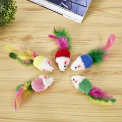 Hachongle Furry Mouse Cat Toy, Realistic Plush Colorful Feather Teasing Cat Mouse, Bite-Resistant Cat Self-Entertainment Toy