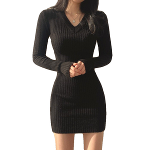 
2025 autumn and winter new knitted dress for women long-sleeved V-neck inner layer sexy hip-covered bottom sweater skirt thickened