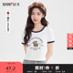 Sanfu short T-shirt 2025 summer American pattern printed contrasting short round neck top women's clothing 495811
