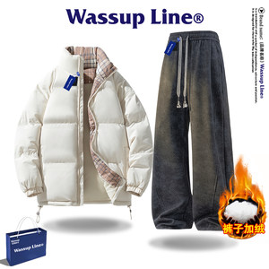 
WASSUP Line trendy brand cotton coat suit men's winter warm cotton coat couple's loose cotton jacket two-piece set