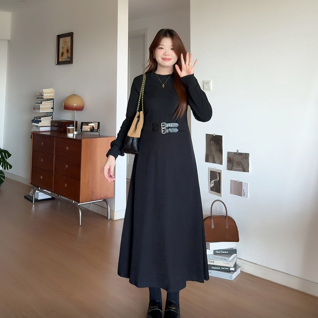 Slightly fat meow plus size women's fat mm autumn and winter slim little black skirt bottoming dress with coat 3081