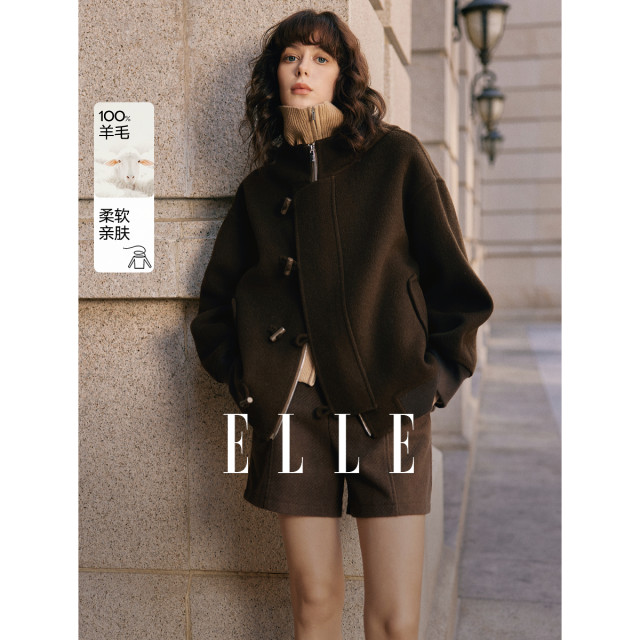 ELLE retro hooded woolen coat for women 2024 winter new short wool coat
