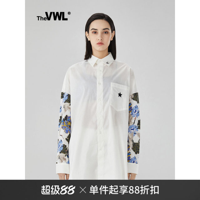 VWL crane print shirt, autumn new style of men and women for men and women, Chinese style ins trendy long-sleeved large-size white shirt