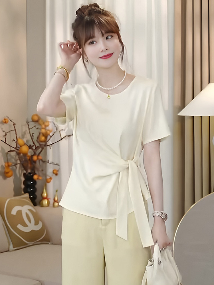 Korean chic front shoulder short-sleeved T-shirt for women 2025 new ...