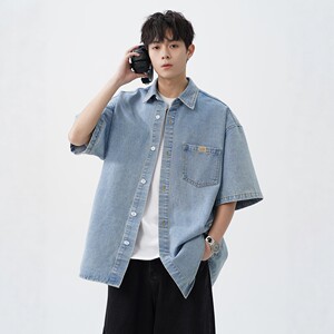
Distressed washed denim short-sleeved shirt for men spring and summer new style retro loose Japanese casual shirt jacket for women