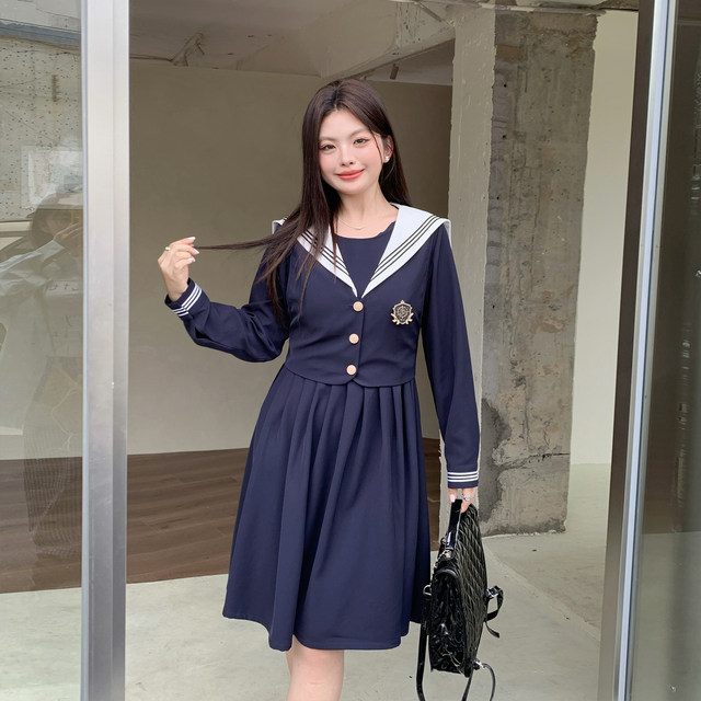 Ache's big size jk fat mm original versatile slim two-piece college style navy neck short-sleeved dress for women
