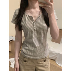 Korean-Style Henry Collar Striped Regular Shoulder Short-Sleeve T-Shirt for Women, New Summer Slim-Fit Bm Style Lazy Niche Chic Top
