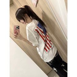 American Retro Flag Print Short-Sleeved T-Shirt for Women 2026 Summer New Loose-Fitting Couple Design White Top