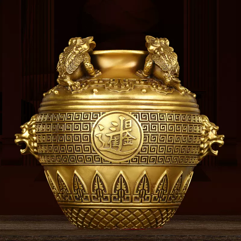 金蟾聚宝盆摆件纯铜四方纳财存钱罐客厅办公室店铺装饰