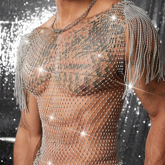 
Men's sexy transparent hollow top with tassels for men, flash diamonds, versatile mesh mesh T-shirt, hot diamond fishnet vest