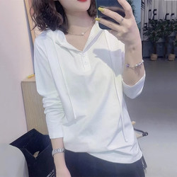 Casual and Stylish White Hooded Long-Sleeve T-Shirt Base Layer for Women, Spring 2026 New Versatile Trendy Top Sweatshirt