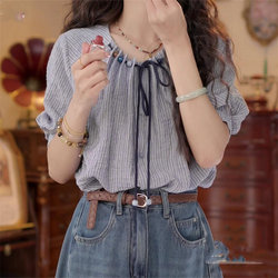 Hong Kong Style Retro Beaded Lace-Up Striped Shirt for Women 2025 Summer New Fashion Stylish Design Blouse Top