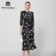 Counter genuine Martinu early autumn new black printed dress round neck beaded waist style fashionable women