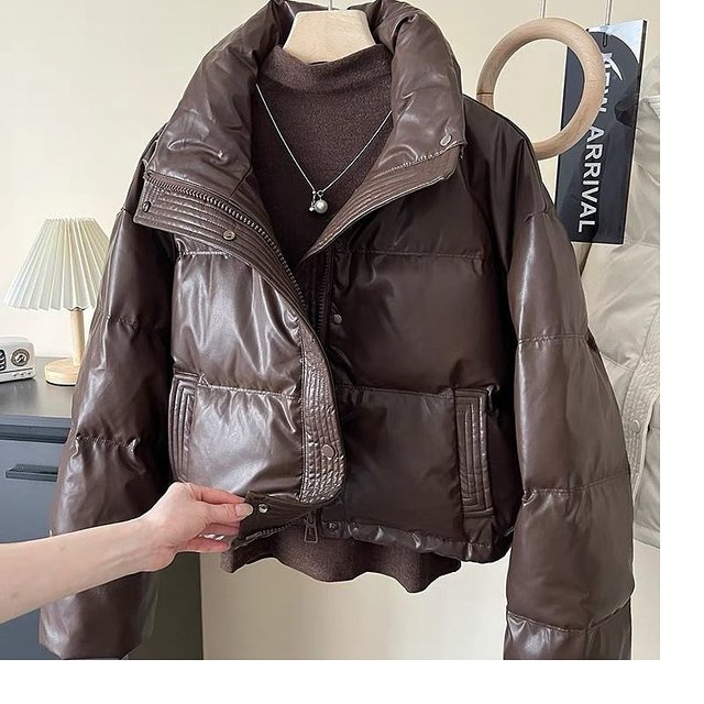 European winter stand collar pu leather no-wash down cotton jacket for women fashionable small person thick warm bread jacket trendy
