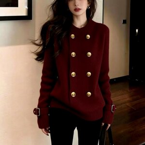 
American retro style fashion versatile casual casual relaxed burgundy sweater jacket 2026 winter double-breasted cardigan