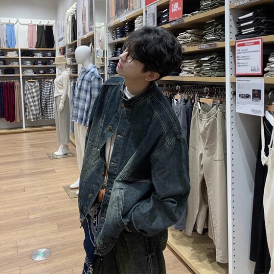 
American retro washed distressed blue denim jacket for men and women loose heavyweight round neck casual workwear jacket couple trend